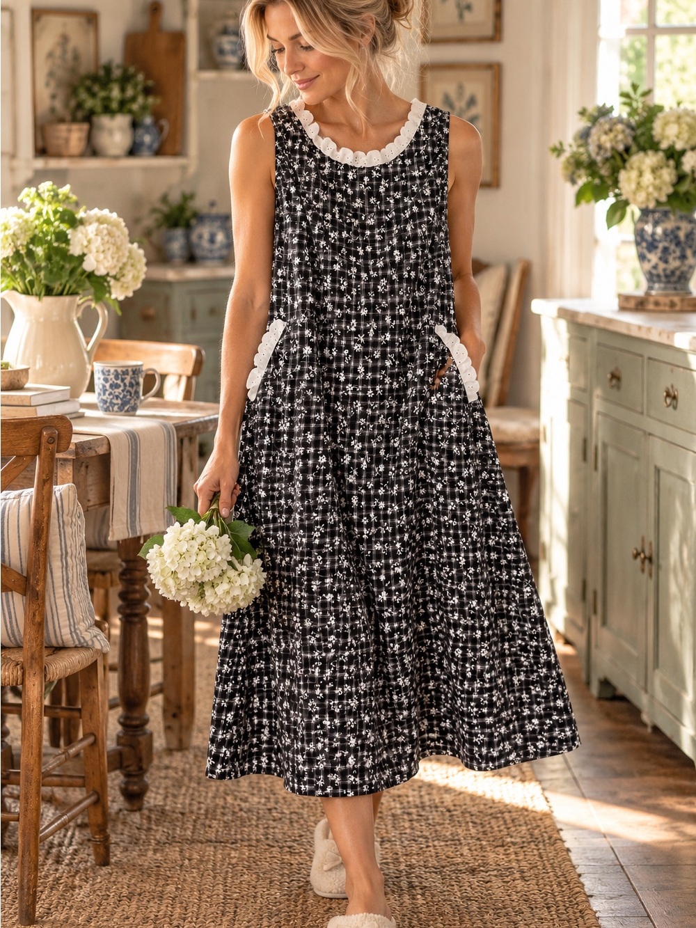Handmade Black & White Floral Gingham House Dress | Cottagecore